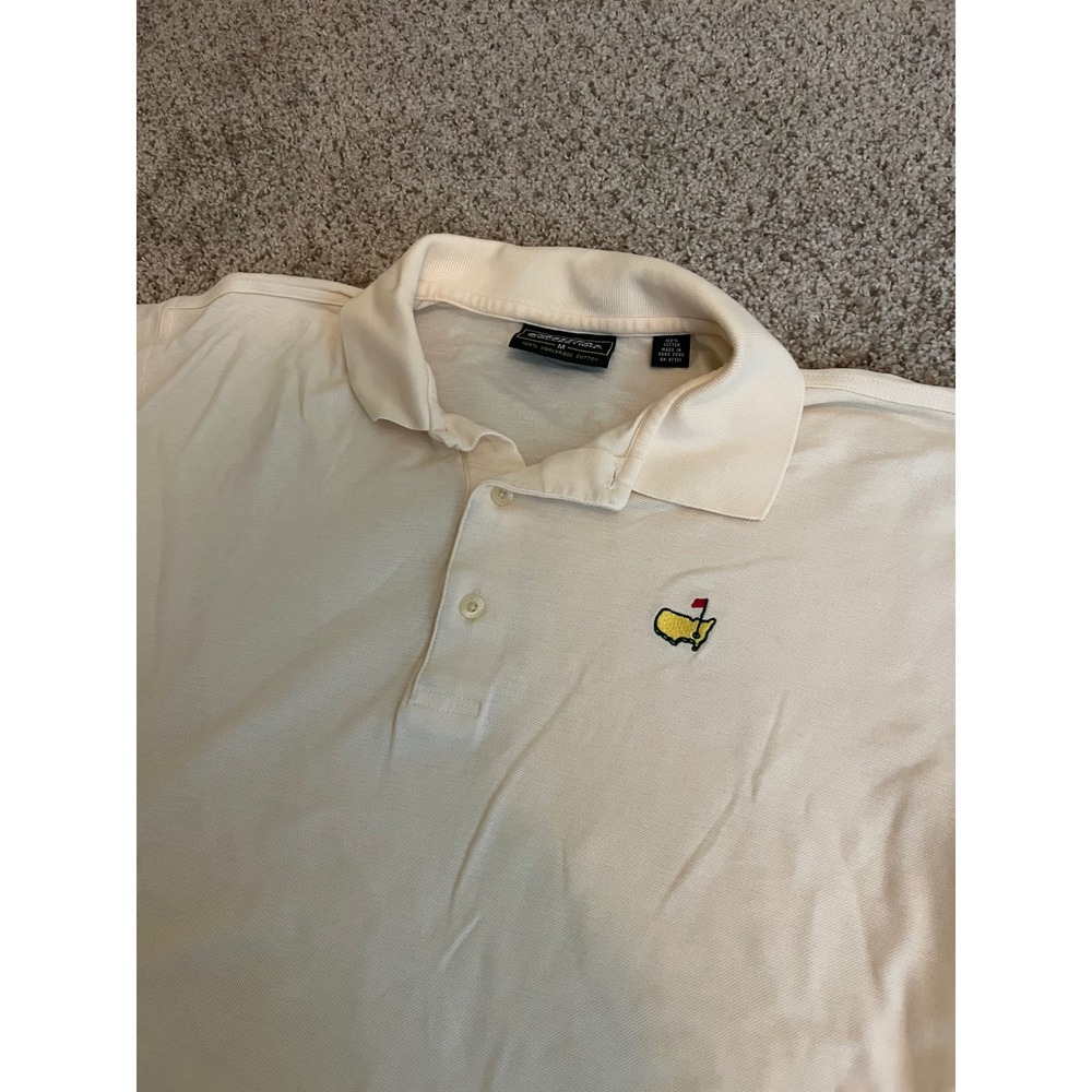 Masters Collection Mens Polo Shirt M Cream Cotton Embroidered Golf Logo Stains